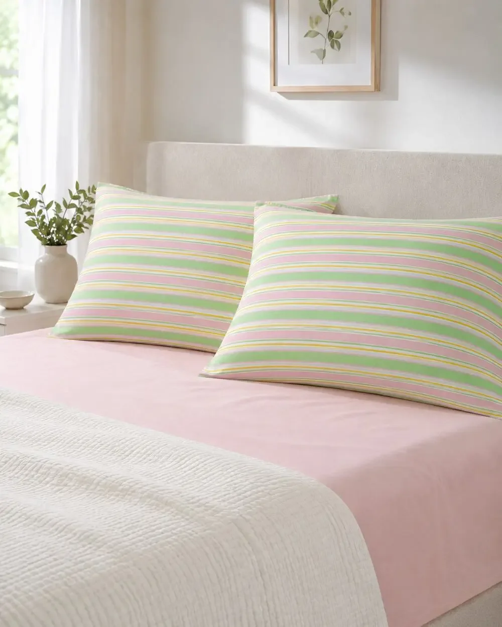 Vintage Striped Pillowcases JCPenney Percale Pink Green Cottagecore Pair 30x20